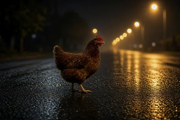 A chicken on a dark road for CroreBet crash copy.
