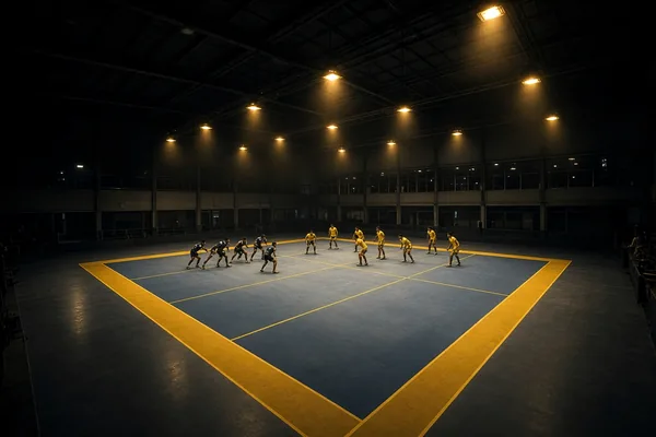 Kabaddi players in a dark indoor arena on the CroreBet sports guide.